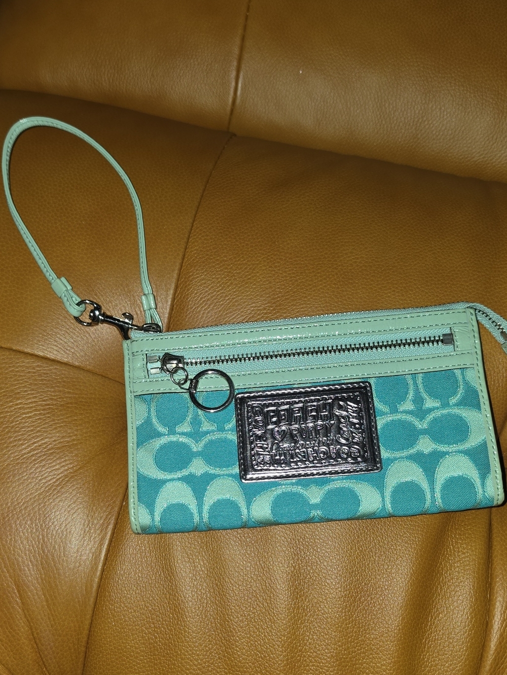 Coach Poppy Lurex Sparkle Teal Signature Wristlet Slim Wallet with Silver Plaque